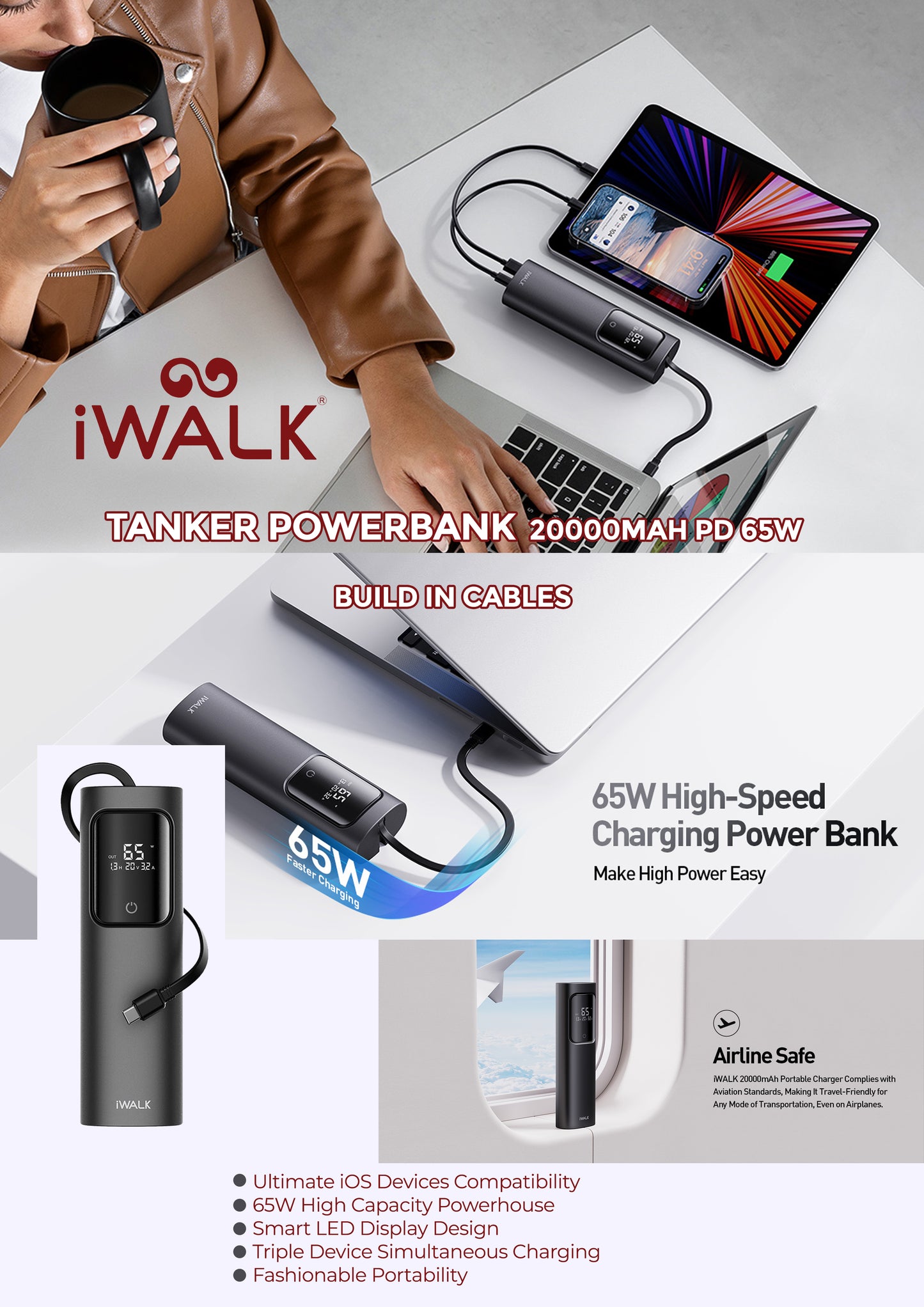 iWalk Tanker Power Bank 20,000 mah 65W With Built In Cables