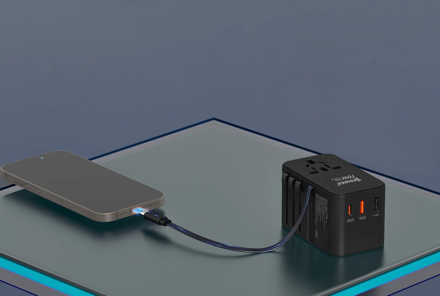 Travel Adaptor With Built-in Cable & 70W GaN Charger Ports